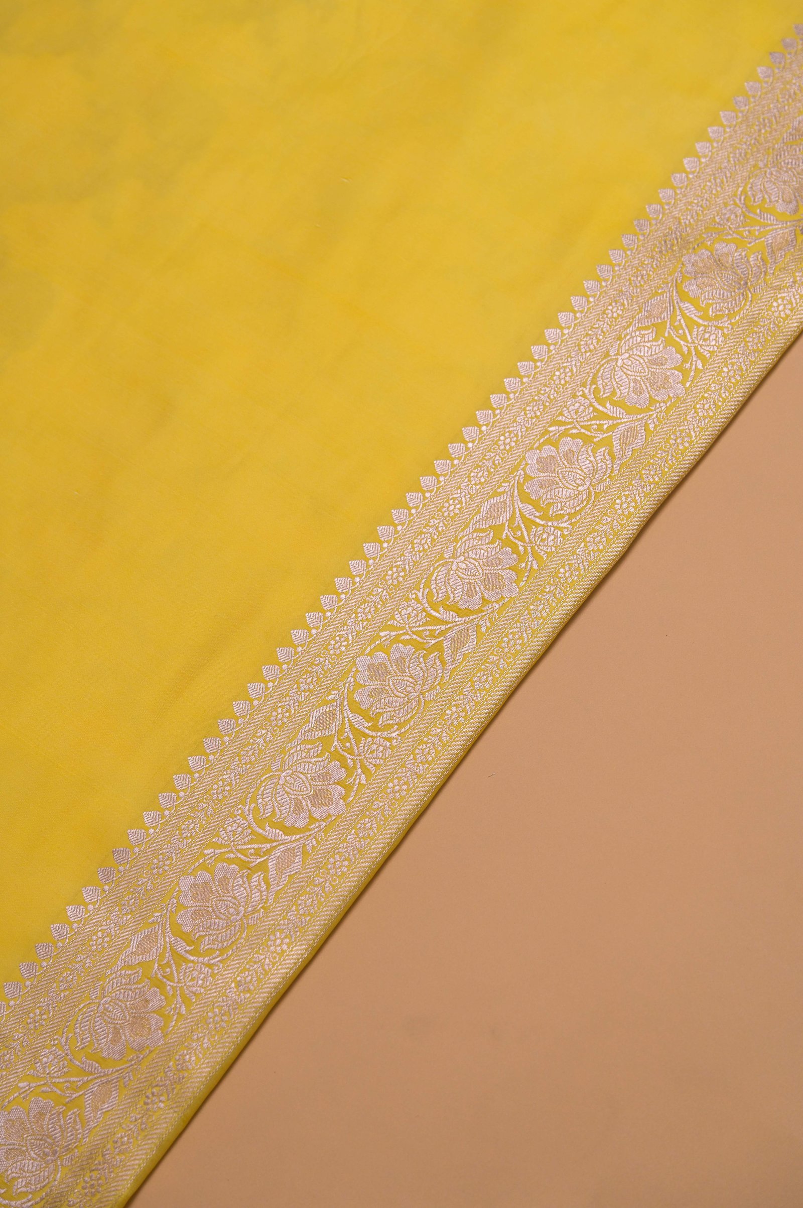 Yellow floral Jangla Silver Zari Handwoven Katan Silk Banarasi Saree